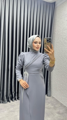 Meç Taşlı Zincir Detay Elbise 8002 Gri - YGS (1)