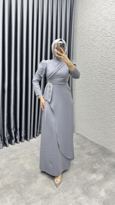 Meç Taşlı Zincir Detay Elbise 8002 Gri - YGS