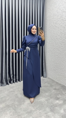 Meç Taşlı Zincir Detay Elbise 8002 Lacivert - YGS