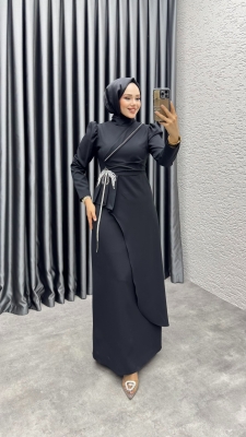 Meç Taşlı Zincir Detay Elbise 8002 Siyah - YGS