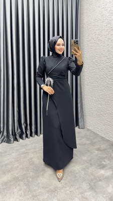 Meç Taşlı Zincir Detay Elbise 8002 Siyah - YGS (1)