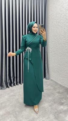 Meç Taşlı Zincir Detay Elbise 8002 Zümrüt - YGS
