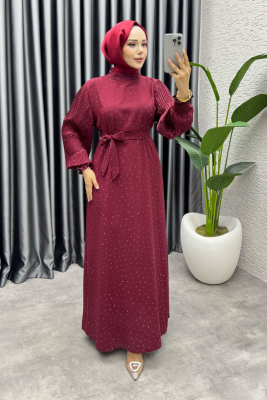 Nida Serpme Taş Detaylı Krep Elbise 6063 Bordo - NWS