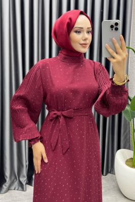 Nida Serpme Taş Detaylı Krep Elbise 6063 Bordo - NWS (1)