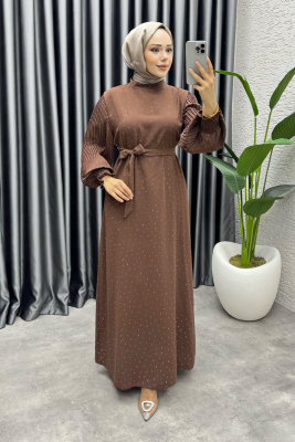 Nida Serpme Taş Detaylı Krep Elbise 6063 Kahve - NWS