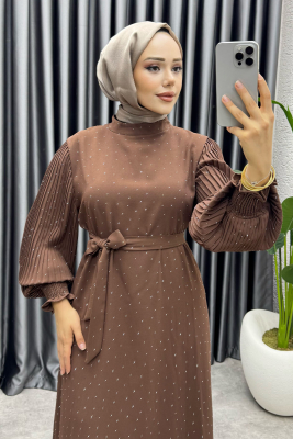 Nida Serpme Taş Detaylı Krep Elbise 6063 Kahve - NWS (1)