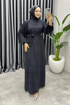 Nida Serpme Taş Detaylı Krep Elbise 6063 Siyah - NWS