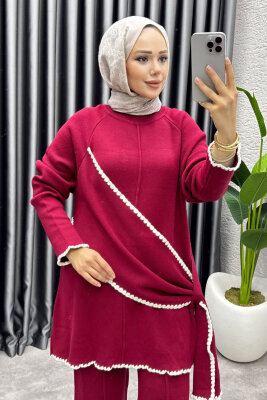 Nil Şal Detay Triko Takım 1206 Bordo - MT (1)