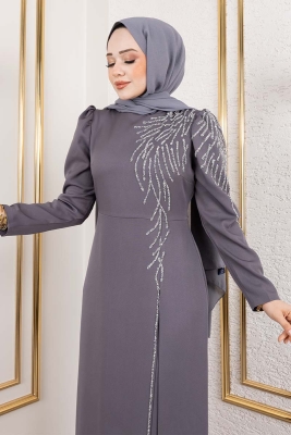Omuzu Taşlı Krep Abiye 8001 Gri - Kalemen (1)