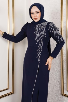 Omuzu Taşlı Krep Abiye 8001 Lacivert - Kalemen (1)