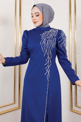 Omuzu Taşlı Krep Abiye 8001 Saks - Kalemen (1)