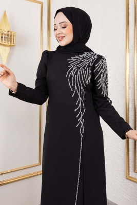Omuzu Taşlı Krep Abiye 8001 Siyah - Kalemen (1)