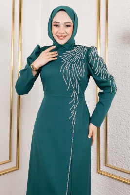 Omuzu Taşlı Krep Abiye 8001 Zümrüt - Kalemen (1)