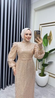 Omuzu Tüy Detaylı Taşlı Abiye 8011 Gold - Kalemen (1)