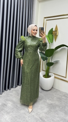 Omuzu Tüy Detaylı Taşlı Abiye 8011 Haki - Kalemen (1)