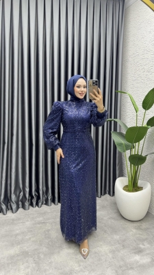 Omuzu Tüy Detaylı Taşlı Abiye 8011 Lacivert 