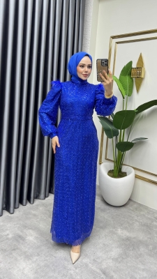 Omuzu Tüy Detaylı Taşlı Abiye 8011 Saks - Kalemen (1)