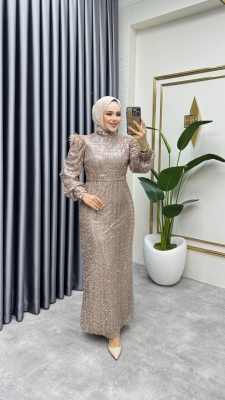 Omuzu Tüy Detaylı Taşlı Abiye 8011 Koyu Vizyon - Kalemen (1)