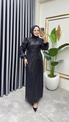 Omuzu Tüy Detaylı Taşlı Abiye 8011 Siyah - Kalemen (1)