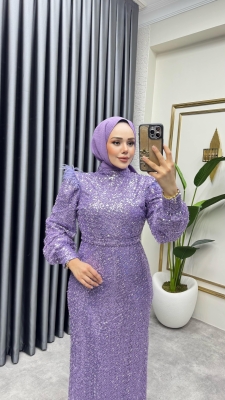 Omuzu Tüy Detaylı Taşlı Abiye 8011 Lila - YGS (1)