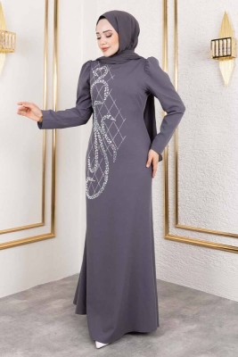 Önden Taş İşlemeli Krep Elbise 8019 Gri - Kalemen (1)