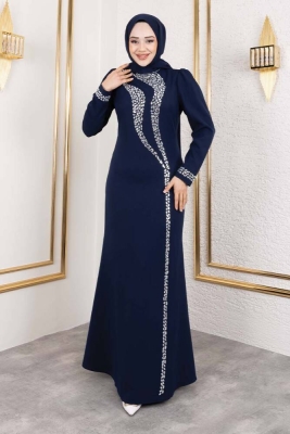 Önden Taş İşlemeli Krep Elbise 8019 Lacivert - Kalemen (1)