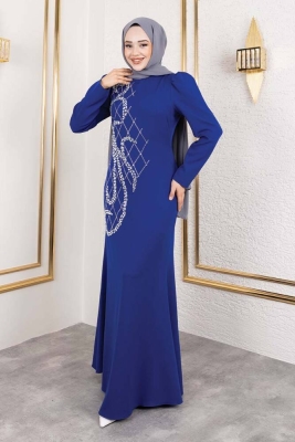 Önden Taş İşlemeli Krep Elbise 8019 Saks - Kalemen (1)