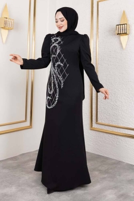 Önden Taş İşlemeli Krep Elbise 8019 Siyah - Kalemen (1)