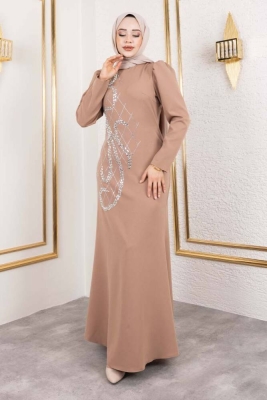 Önden Taş İşlemeli Krep Elbise 8019 Vizon - Kalemen (1)