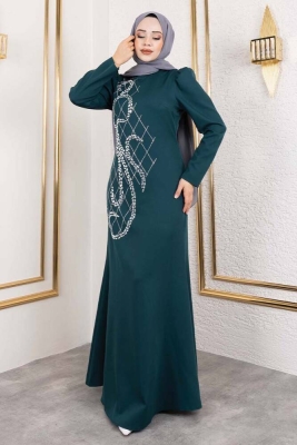 Önden Taş İşlemeli Krep Elbise 8019 Zümrüt - Kalemen (1)
