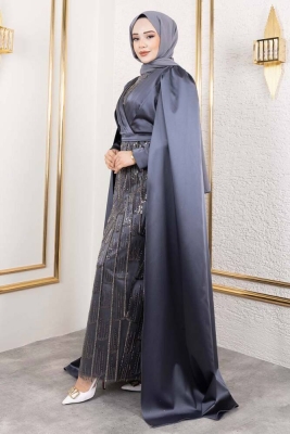 Önü Drape Detalı Saten Abiye 8016 Gri - Kalemen (1)