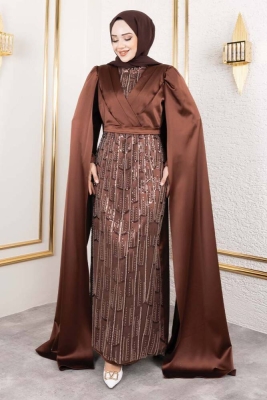 Önü Drape Detalı Saten Abiye 8016 Kahve - Kalemen (1)