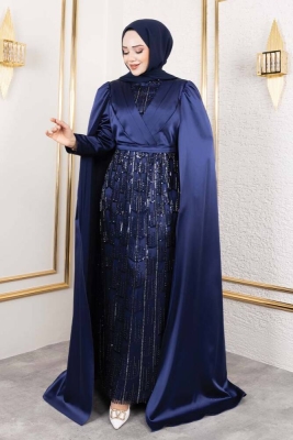 Önü Drape Detalı Saten Abiye 8016 Lacivert - Kalemen (1)