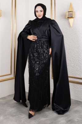 Önü Drape Detalı Saten Abiye 8016 Siyah - Kalemen (1)