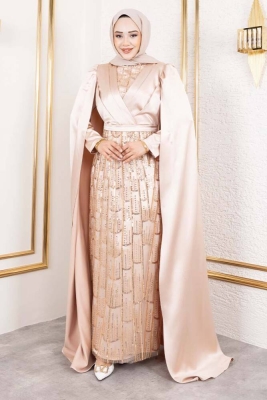 Önü Drape Detalı Saten Abiye 8016 Vizon - Kalemen (1)
