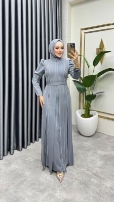 Pırlanta Taşlı Krep Abiye 8003 Gri - Kalemen (1)