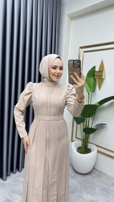 Pırlanta Taşlı Krep Abiye 8003 Vizon - Kalemen (1)