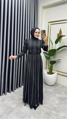 Pırlanta Taşlı Krep Abiye 8003 Siyah - Kalemen (1)