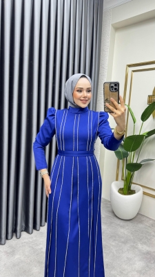 Pırlanta Taşlı Krep Abiye 8003 Saks - Kalemen (1)