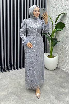  Sahra Otriş Detay Abiye 1004 Gri - YGS