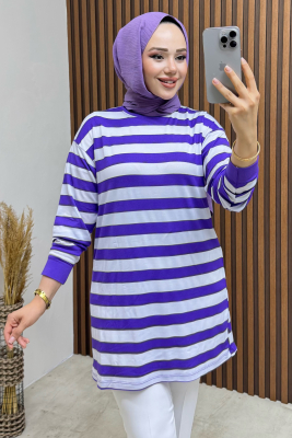 Şeritli Penye Tunik 4002 Lila - BO