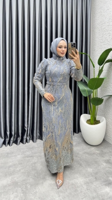 Shine Taşlı Kalem Abiye 6628 Gri 