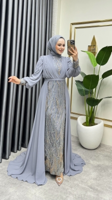 Şifon Kuyruklu Shine Taşlı Abiye 6631 Gri - YGS (1)