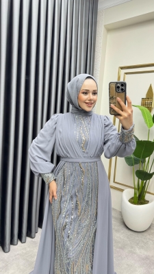 Şifon Kuyruklu Shine Taşlı Abiye 6631 Gri - YGS