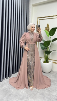 Şifon Kuyruklu Shine Taşlı Abiye 6631 Pudra Vizyon - YGS