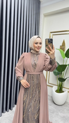 Şifon Kuyruklu Shine Taşlı Abiye 6631 Pudra Vizyon - YGS (1)