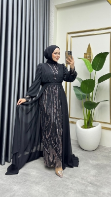 Şifon Kuyruklu Shine Taşlı Abiye 6631 Siyah - YGS (1)