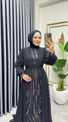 Şifon Kuyruklu Shine Taşlı Abiye 6631 Siyah - YGS