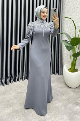 Sofia Pul Detaylı Abiye Elbise 6652 Gri - YGS