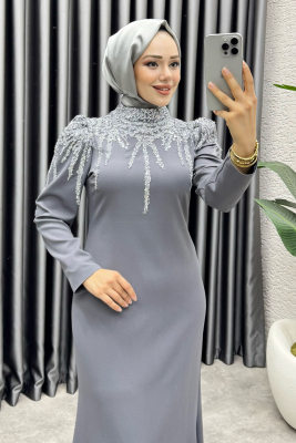 Sofia Pul Detaylı Abiye Elbise 6652 Gri - YGS (1)